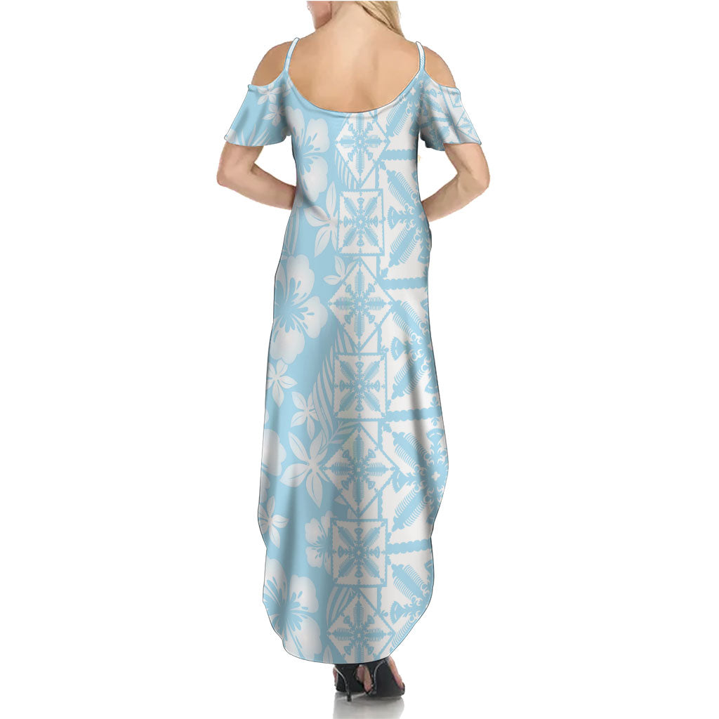 Pastel Blue Kahili Quilt Hawaii Family Matching Summer Maxi Dress and Hawaiian Shirt Tropical Flower Seamless Half Style