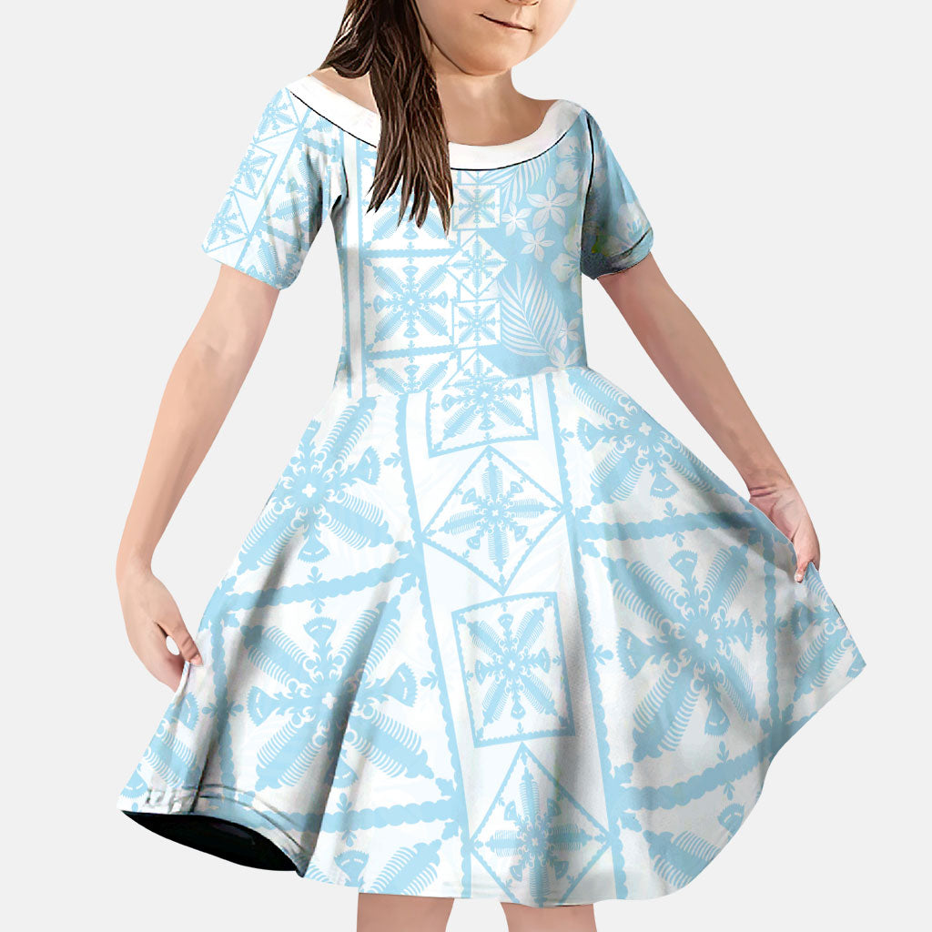 Pastel Blue Kahili Quilt Hawaii Family Matching Tank Maxi Dress and Hawaiian Shirt Tropical Flower Seamless Half Style