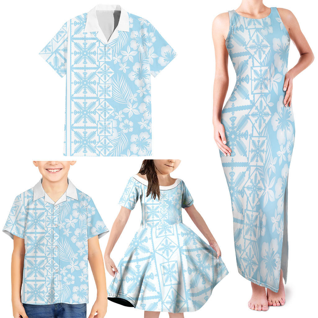 Pastel Blue Kahili Quilt Hawaii Family Matching Tank Maxi Dress and Hawaiian Shirt Tropical Flower Seamless Half Style