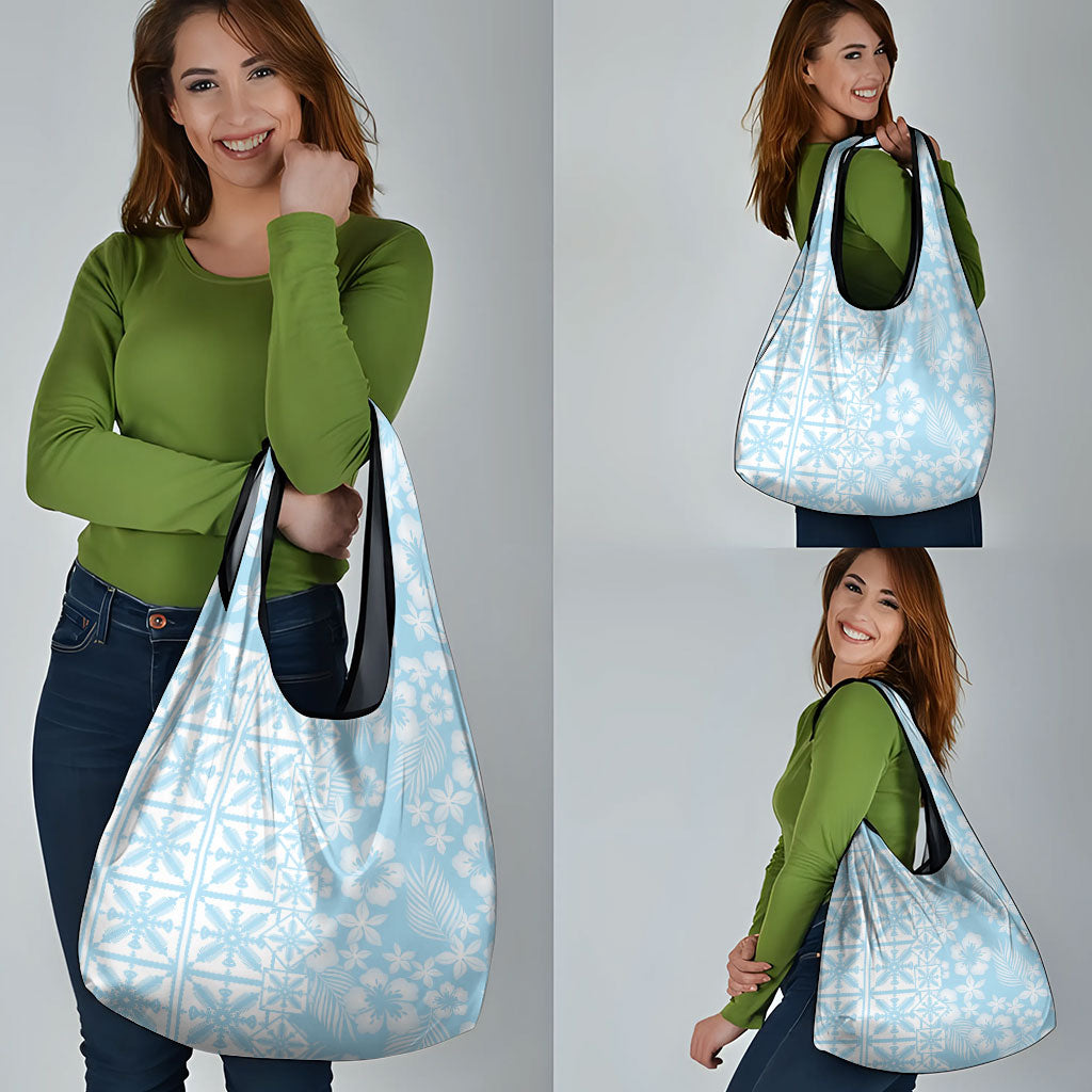 Pastel Blue Kahili Quilt Hawaii Grocery Bag Tropical Flower Seamless Half Style