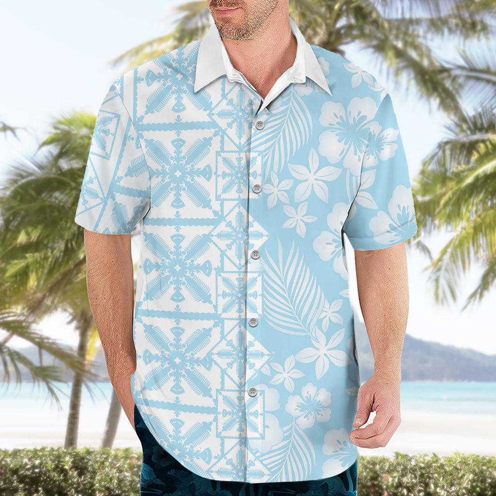 Pastel Blue Kahili Quilt Hawaii Hawaiian Shirt Tropical Flower Seamless Half Style