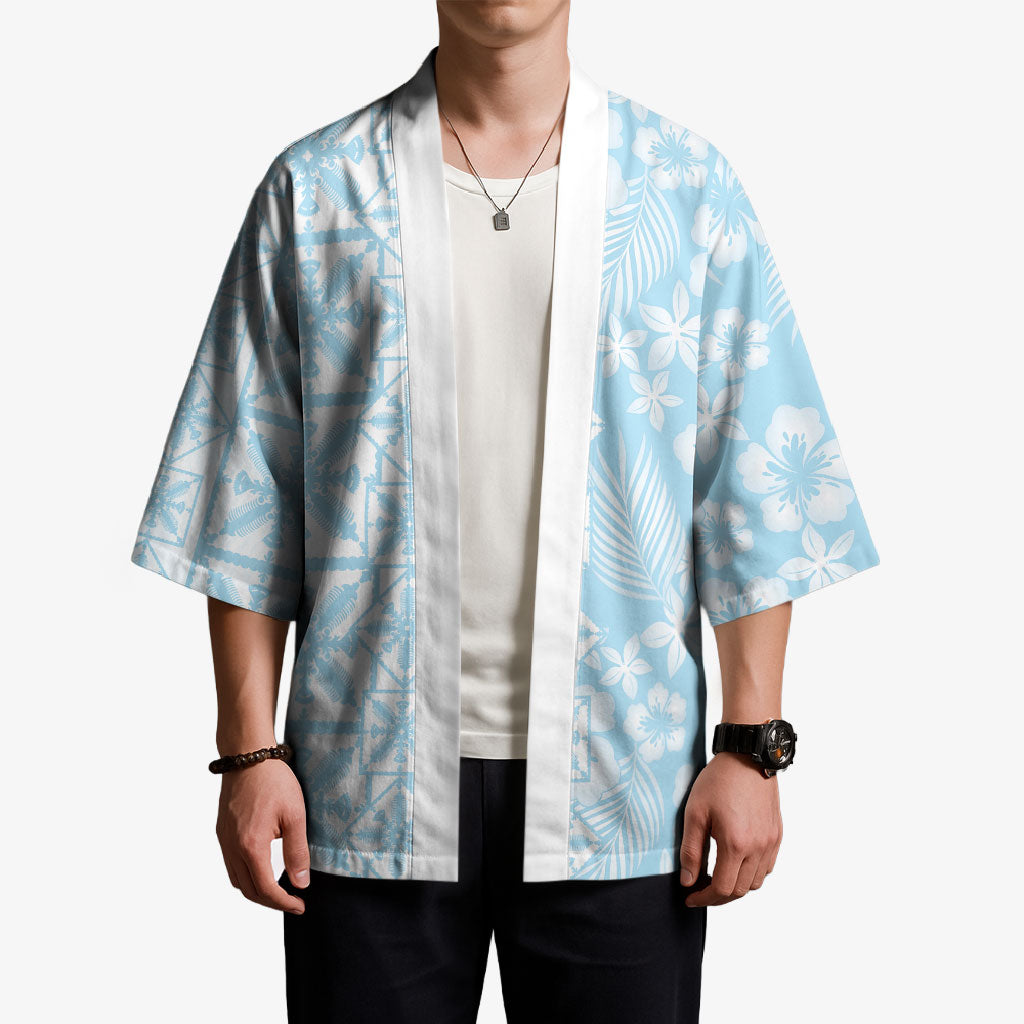 Pastel Blue Kahili Quilt Hawaii Kimono Tropical Flower Seamless Half Style