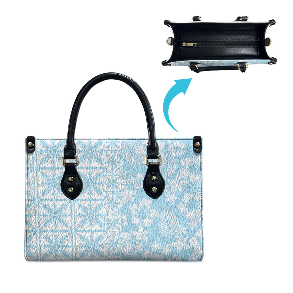 Pastel Blue Kahili Quilt Hawaii Leather Bag Tropical Flower Seamless Half Style