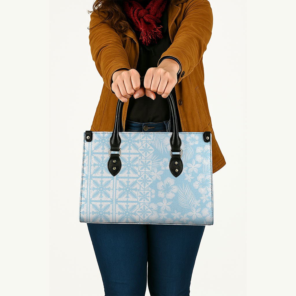 Pastel Blue Kahili Quilt Hawaii Leather Bag Tropical Flower Seamless Half Style