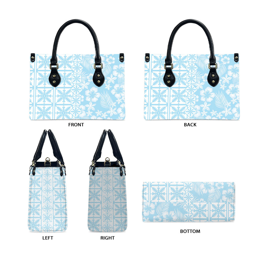 Pastel Blue Kahili Quilt Hawaii Leather Bag Tropical Flower Seamless Half Style