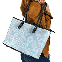 Pastel Blue Kahili Quilt Hawaii Leather Tote Bag Tropical Flower Seamless Half Style