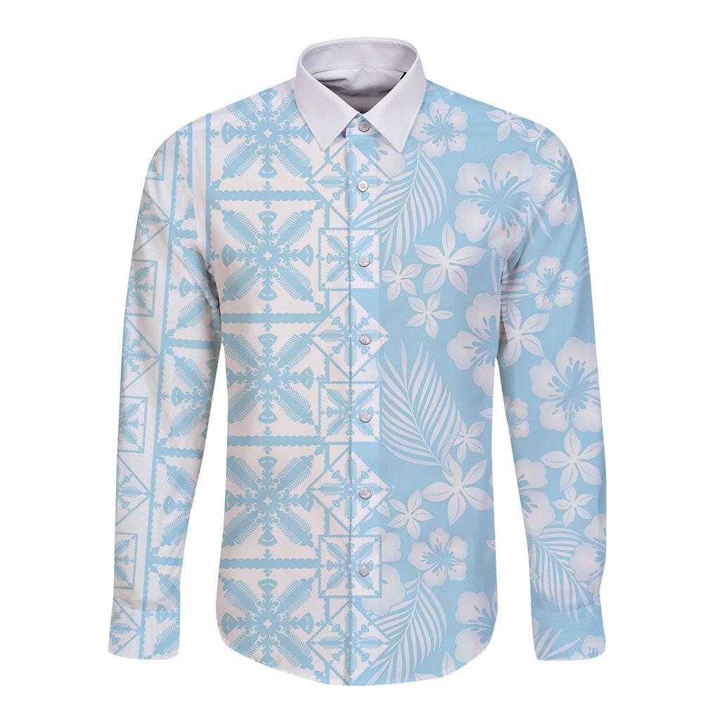 Pastel Blue Kahili Quilt Hawaii Long Sleeve Button Shirt Tropical Flower Seamless Half Style