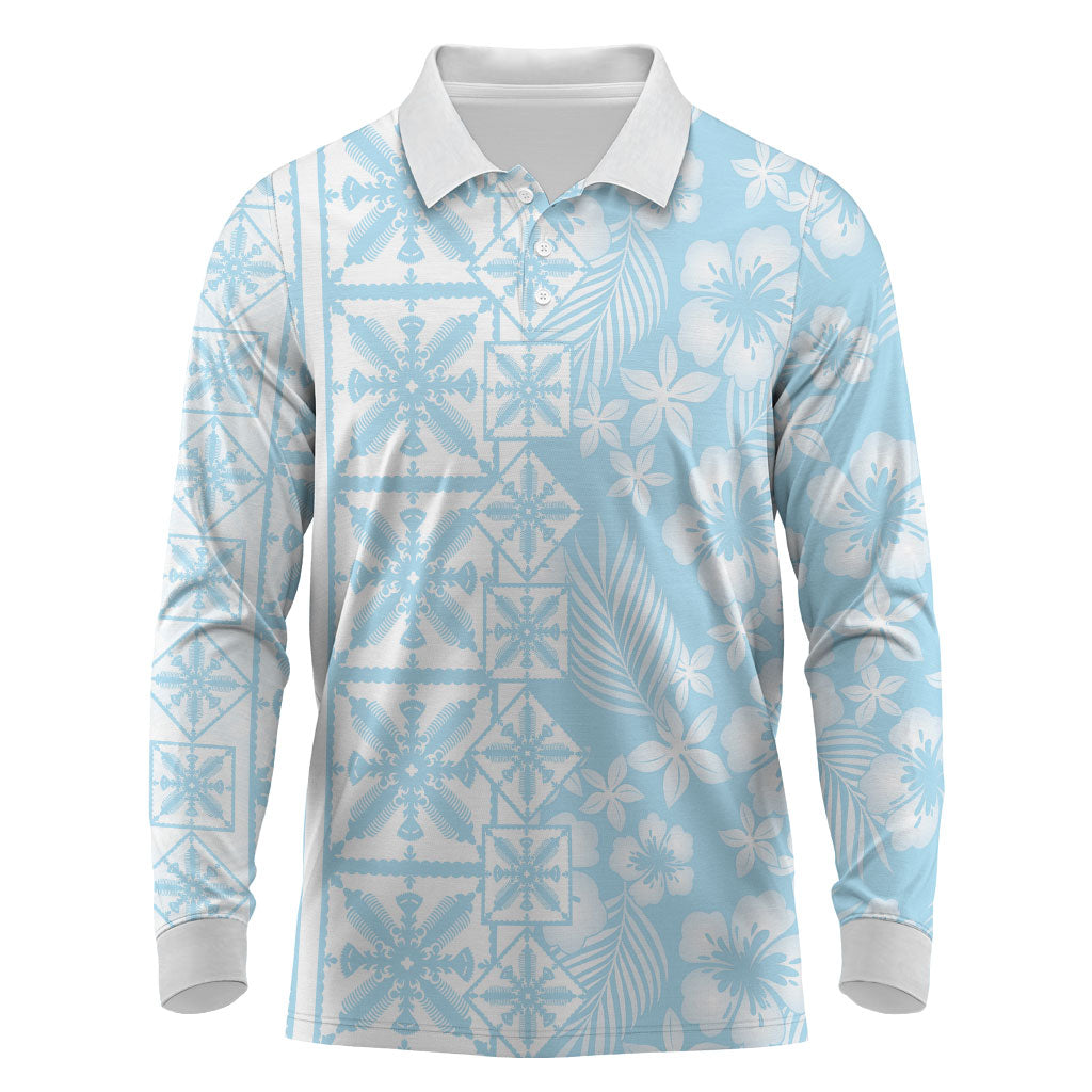 Pastel Blue Kahili Quilt Hawaii Long Sleeve Polo Shirt Tropical Flower Seamless Half Style