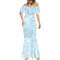 Pastel Blue Kahili Quilt Hawaii Mermaid Dress Tropical Flower Seamless Half Style