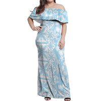 Pastel Blue Kahili Quilt Hawaii Off Shoulder Maxi Dress Tropical Flower Seamless Half Style