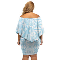 Pastel Blue Kahili Quilt Hawaii Off Shoulder Short Dress Tropical Flower Seamless Half Style