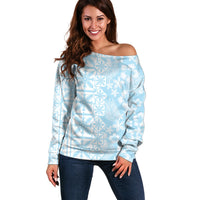 Pastel Blue Kahili Quilt Hawaii Off Shoulder Sweater Tropical Flower Seamless Half Style