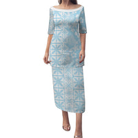 Pastel Blue Kahili Quilt Hawaii Puletasi Tropical Flower Seamless Half Style