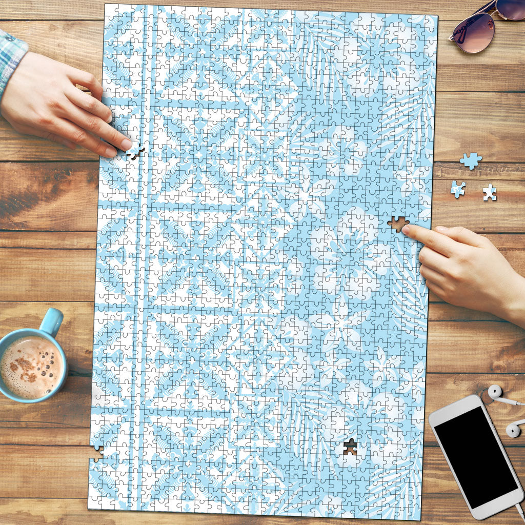 Pastel Blue Kahili Quilt Hawaii Puzzle Tropical Flower Seamless Half Style