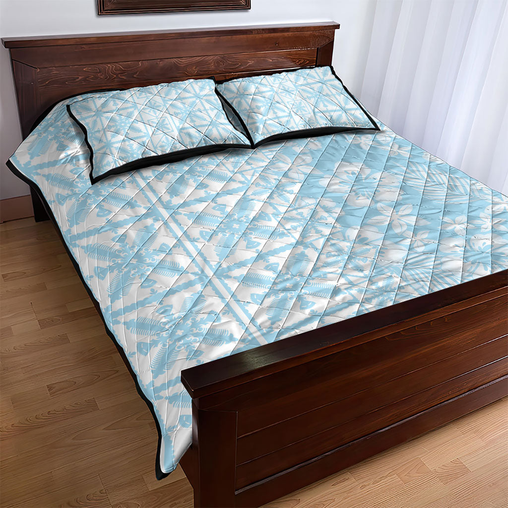 Pastel Blue Kahili Quilt Hawaii Quilt Bed Set Tropical Flower Seamless Half Style