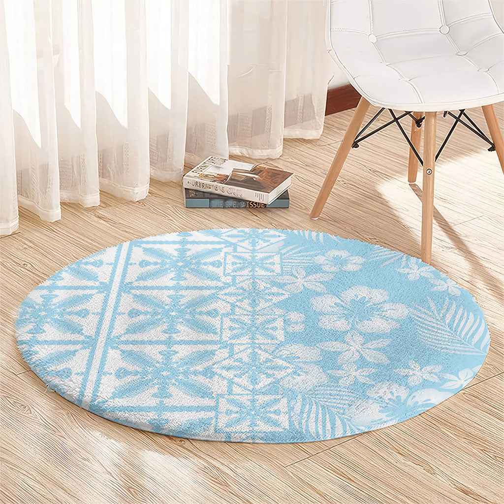 Pastel Blue Kahili Quilt Hawaii Round Carpet Tropical Flower Seamless Half Style