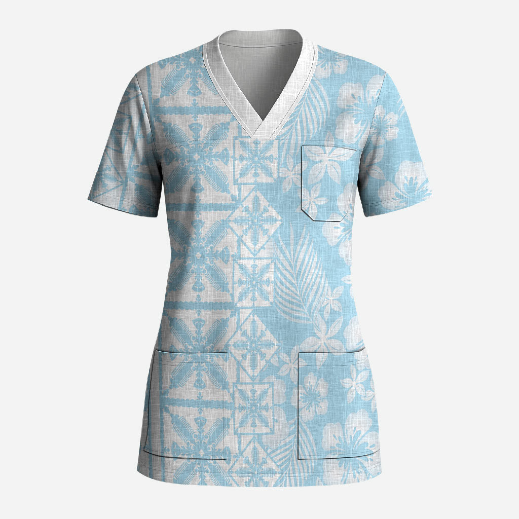 Pastel Blue Kahili Quilt Hawaii Scrub Top Tropical Flower Seamless Half Style