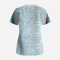 Pastel Blue Kahili Quilt Hawaii Scrub Top Tropical Flower Seamless Half Style