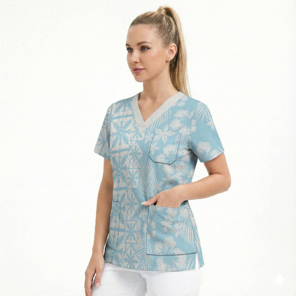Pastel Blue Kahili Quilt Hawaii Scrub Top Tropical Flower Seamless Half Style
