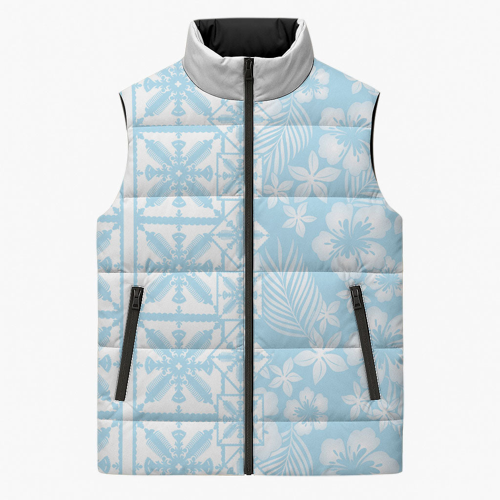 Pastel Blue Kahili Quilt Hawaii Sleeveless Puffer Jacket Tropical Flower Seamless Half Style