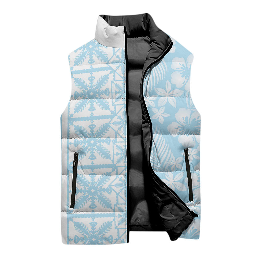 Pastel Blue Kahili Quilt Hawaii Sleeveless Puffer Jacket Tropical Flower Seamless Half Style