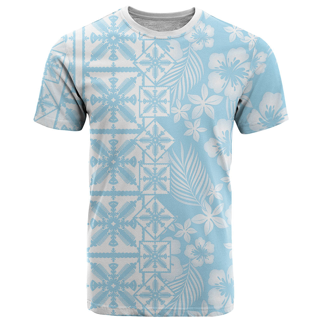 Pastel Blue Kahili Quilt Hawaii T Shirt Tropical Flower Seamless Half Style