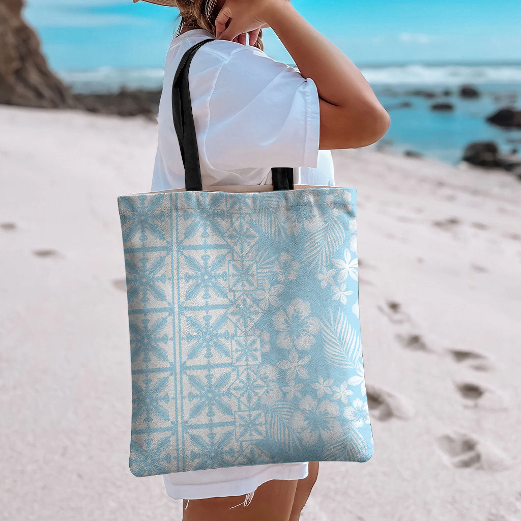 Pastel Blue Kahili Quilt Hawaii Tote Bag Tropical Flower Seamless Half Style