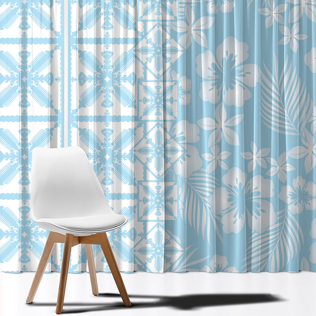 Pastel Blue Kahili Quilt Hawaii Window Curtain Tropical Flower Seamless Half Style