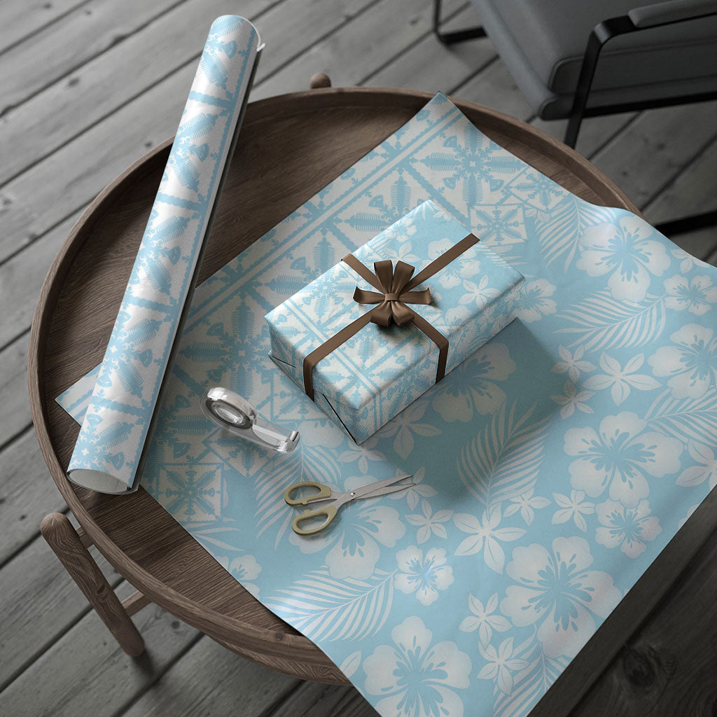 Pastel Blue Kahili Quilt Hawaii Wrapping Paper Tropical Flower Seamless Half Style