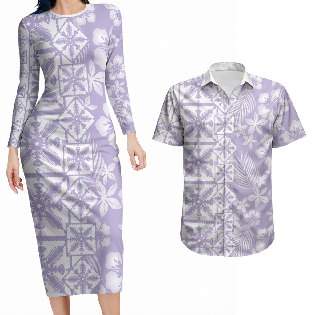 Pastel Purple Kahili Quilt Hawaii Couples Matching Long Sleeve Bodycon Dress and Hawaiian Shirt Tropical Flower Seamless Half Style LT14 Purple - Polynesian Pride