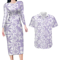 Pastel Purple Kahili Quilt Hawaii Couples Matching Long Sleeve Bodycon Dress and Hawaiian Shirt Tropical Flower Seamless Half Style