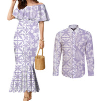 Pastel Purple Kahili Quilt Hawaii Couples Matching Mermaid Dress and Long Sleeve Button Shirt Tropical Flower Seamless Half Style