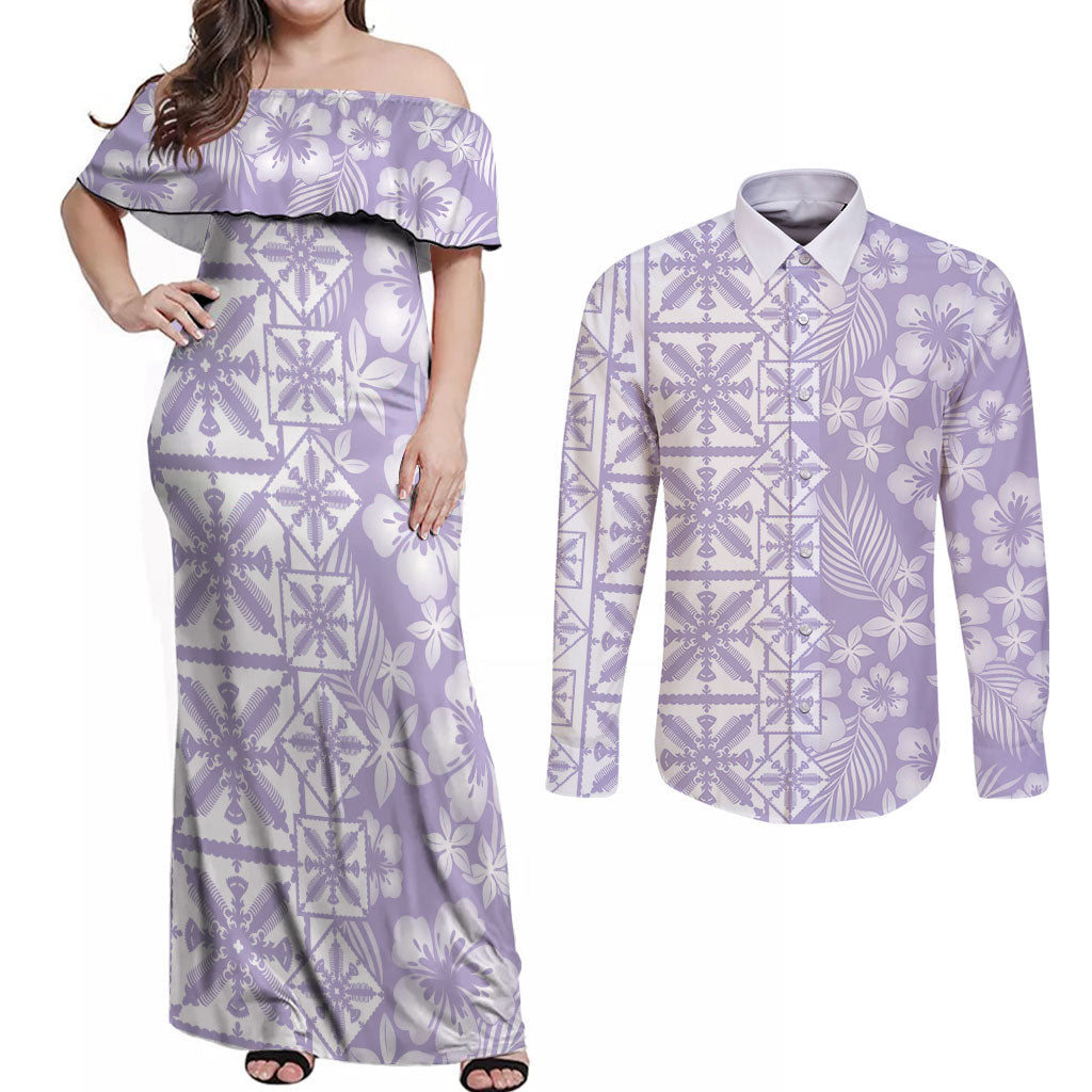 Pastel Purple Kahili Quilt Hawaii Couples Matching Off Shoulder Maxi Dress and Long Sleeve Button Shirt Tropical Flower Seamless Half Style