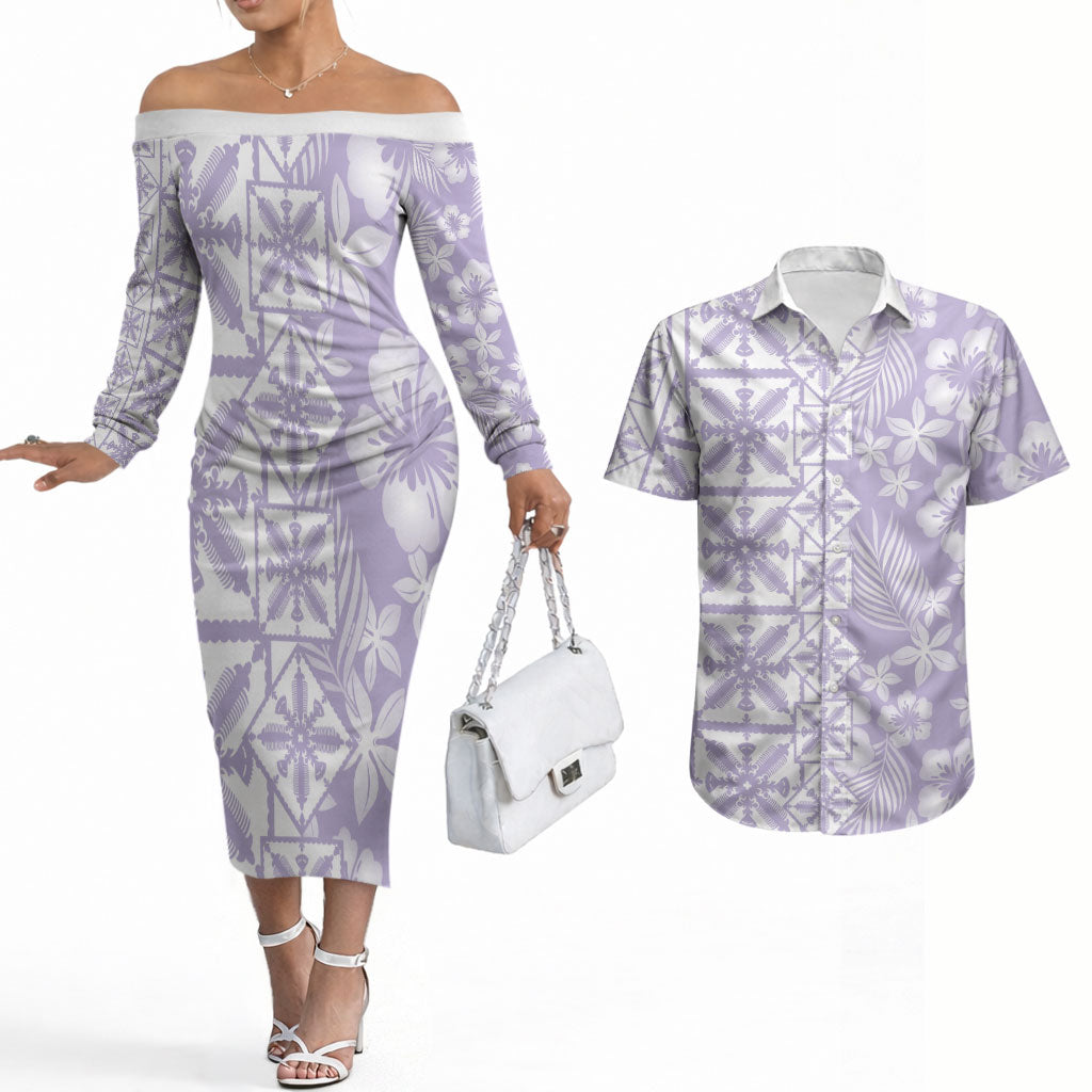 Pastel Purple Kahili Quilt Hawaii Couples Matching Off The Shoulder Long Sleeve Dress and Hawaiian Shirt Tropical Flower Seamless Half Style LT14 Purple - Polynesian Pride
