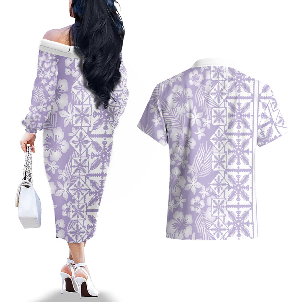Pastel Purple Kahili Quilt Hawaii Couples Matching Off The Shoulder Long Sleeve Dress and Hawaiian Shirt Tropical Flower Seamless Half Style