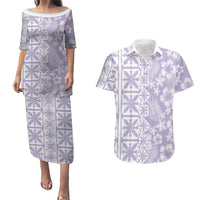 Pastel Purple Kahili Quilt Hawaii Couples Matching Puletasi and Hawaiian Shirt Tropical Flower Seamless Half Style