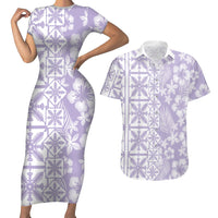 Pastel Purple Kahili Quilt Hawaii Couples Matching Short Sleeve Bodycon Dress and Hawaiian Shirt Tropical Flower Seamless Half Style