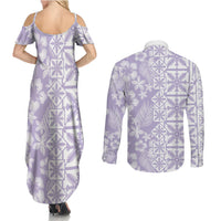 Pastel Purple Kahili Quilt Hawaii Couples Matching Summer Maxi Dress and Long Sleeve Button Shirt Tropical Flower Seamless Half Style