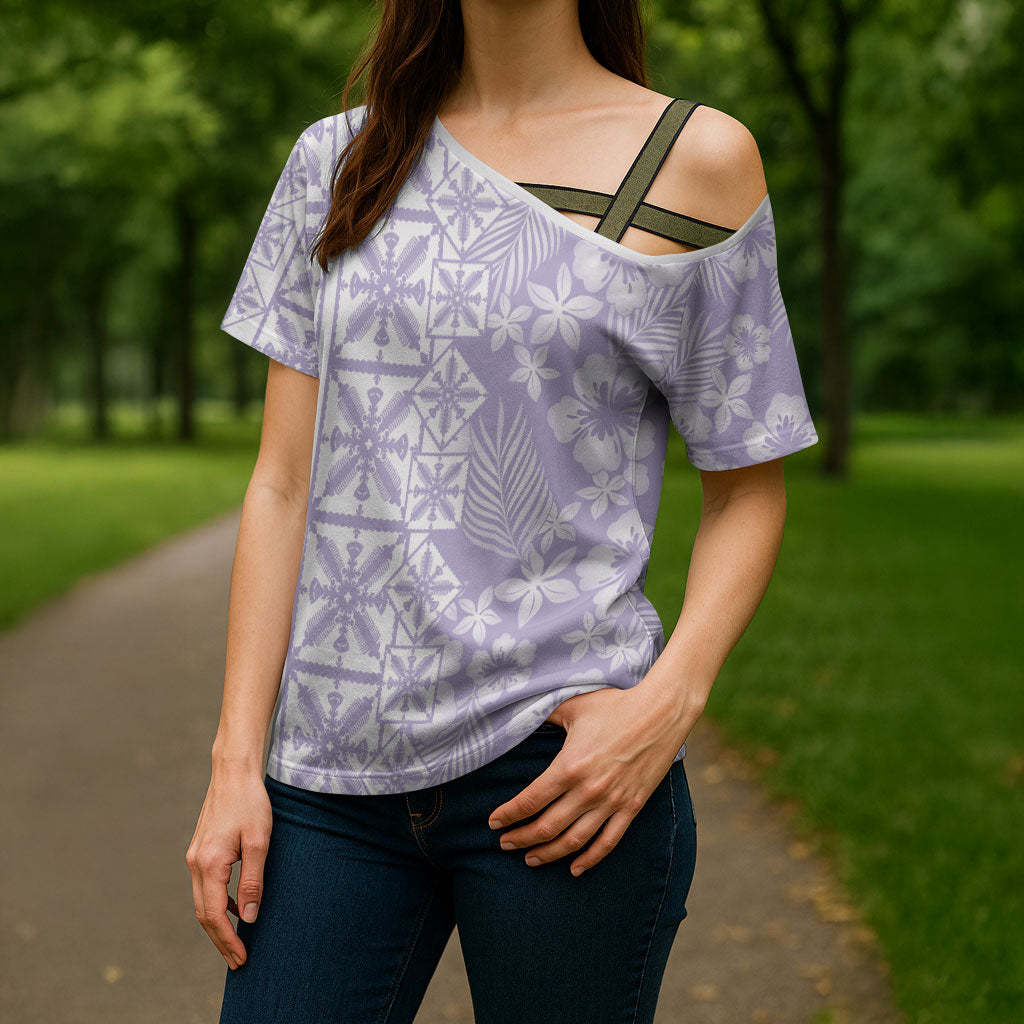 Pastel Purple Kahili Quilt Hawaii Cross Shoulder Shirt Tropical Flower Seamless Half Style