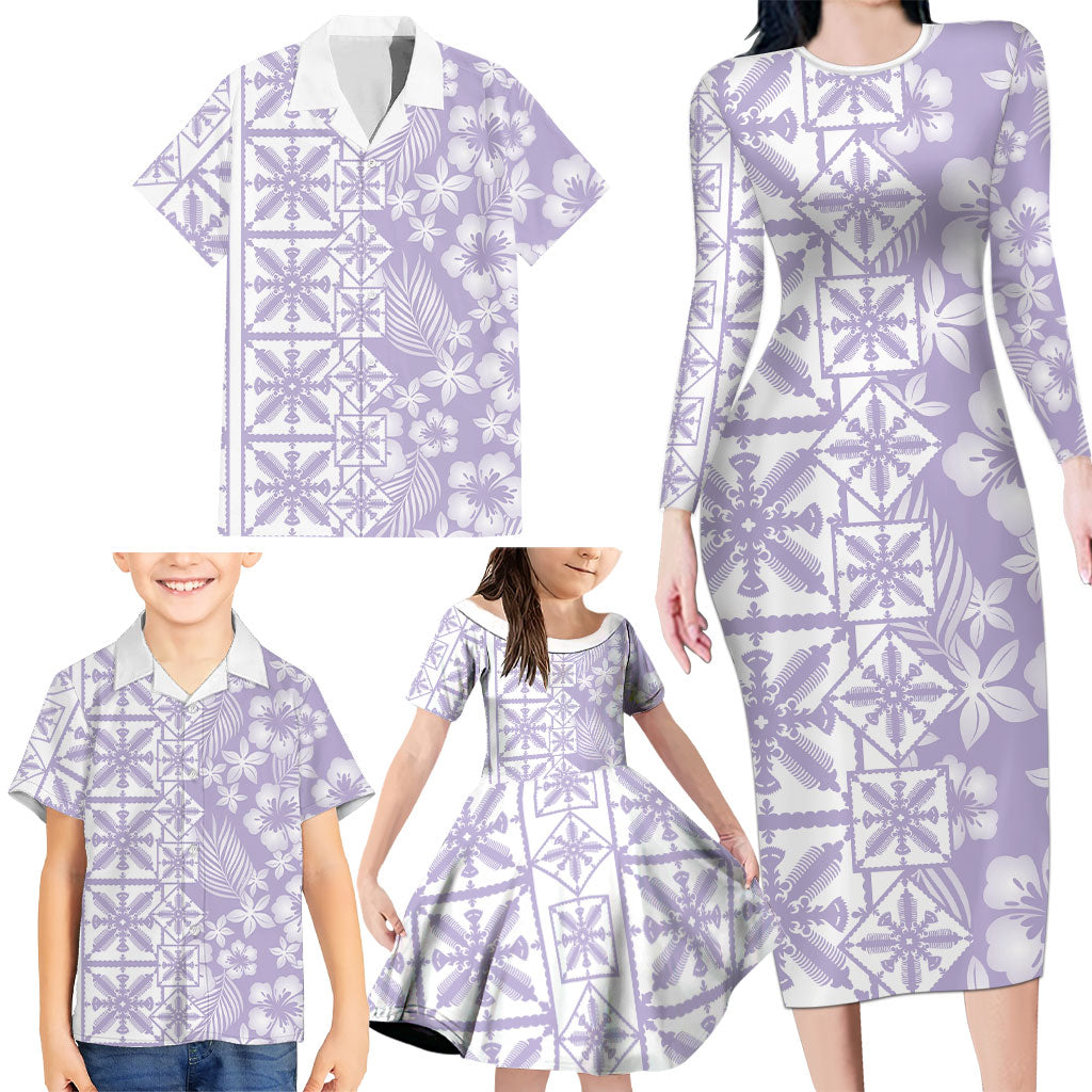 Pastel Purple Kahili Quilt Hawaii Family Matching Long Sleeve Bodycon Dress and Hawaiian Shirt Tropical Flower Seamless Half Style