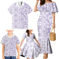 Pastel Purple Kahili Quilt Hawaii Family Matching Mermaid Dress and Hawaiian Shirt Tropical Flower Seamless Half Style