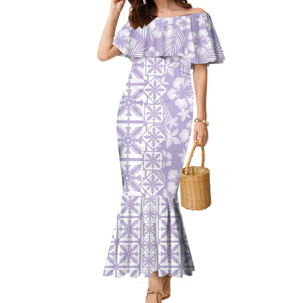 Pastel Purple Kahili Quilt Hawaii Family Matching Mermaid Dress and Hawaiian Shirt Tropical Flower Seamless Half Style