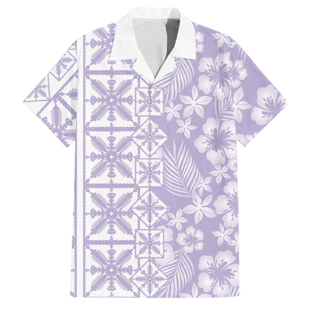 Pastel Purple Kahili Quilt Hawaii Family Matching Off The Shoulder Long Sleeve Dress and Hawaiian Shirt Tropical Flower Seamless Half Style
