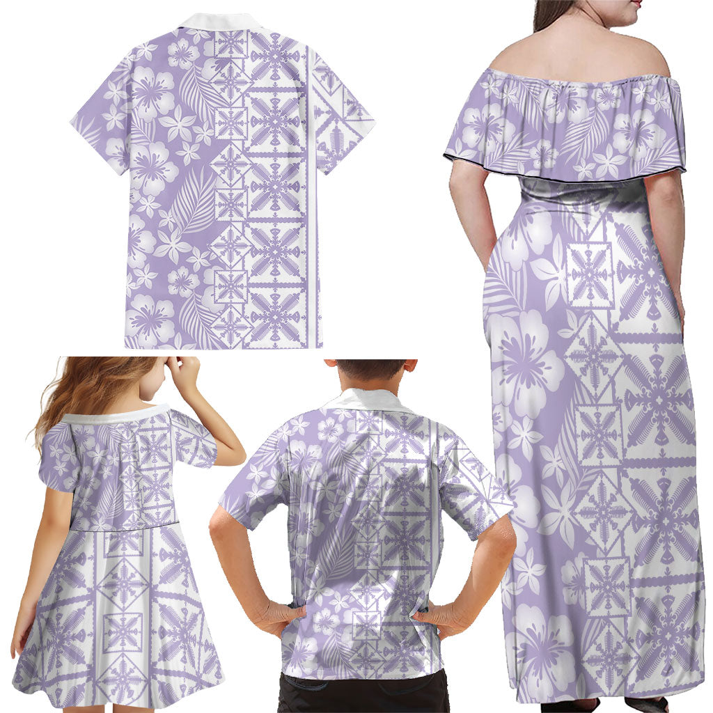 Pastel Purple Kahili Quilt Hawaii Family Matching Off Shoulder Maxi Dress and Hawaiian Shirt Tropical Flower Seamless Half Style