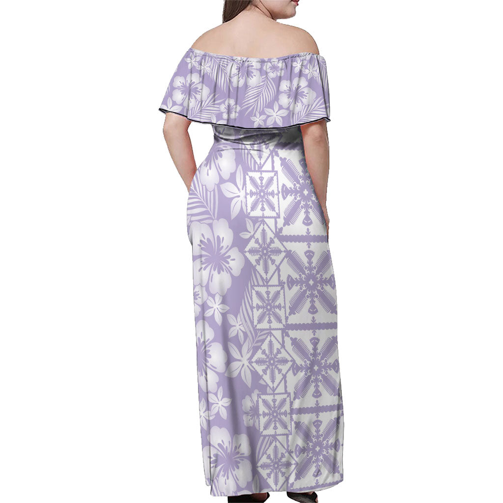 Pastel Purple Kahili Quilt Hawaii Family Matching Off Shoulder Maxi Dress and Hawaiian Shirt Tropical Flower Seamless Half Style