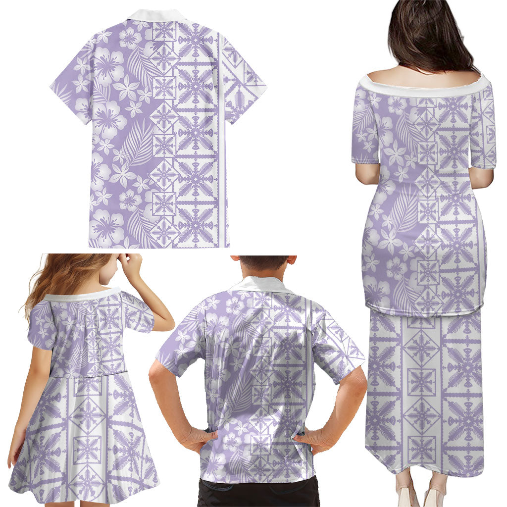 Pastel Purple Kahili Quilt Hawaii Family Matching Puletasi and Hawaiian Shirt Tropical Flower Seamless Half Style