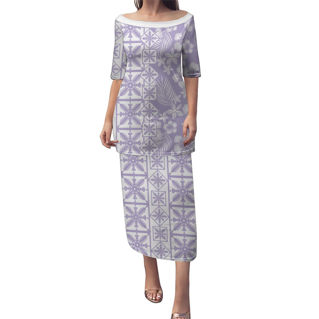 Pastel Purple Kahili Quilt Hawaii Family Matching Puletasi and Hawaiian Shirt Tropical Flower Seamless Half Style