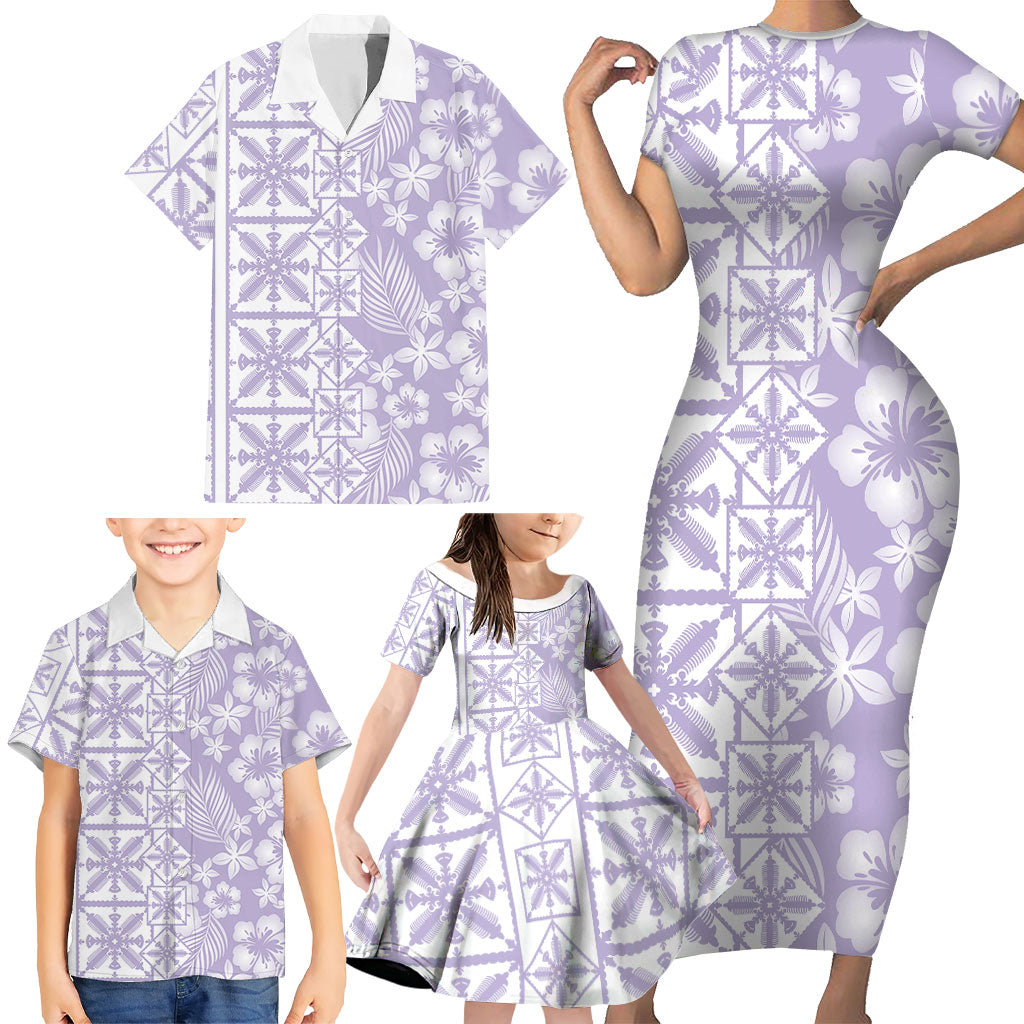 Pastel Purple Kahili Quilt Hawaii Family Matching Short Sleeve Bodycon Dress and Hawaiian Shirt Tropical Flower Seamless Half Style