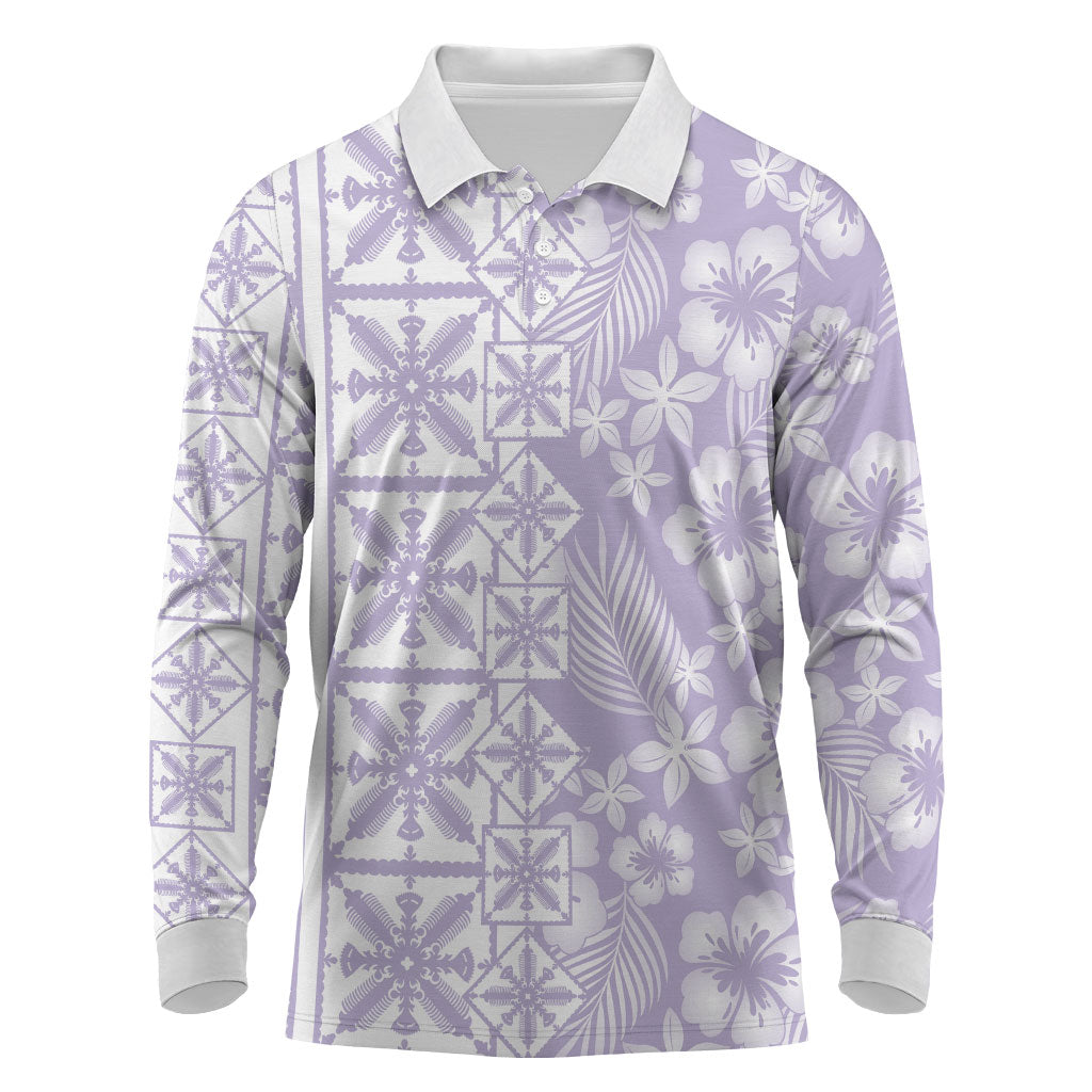 Pastel Purple Kahili Quilt Hawaii Long Sleeve Polo Shirt Tropical Flower Seamless Half Style