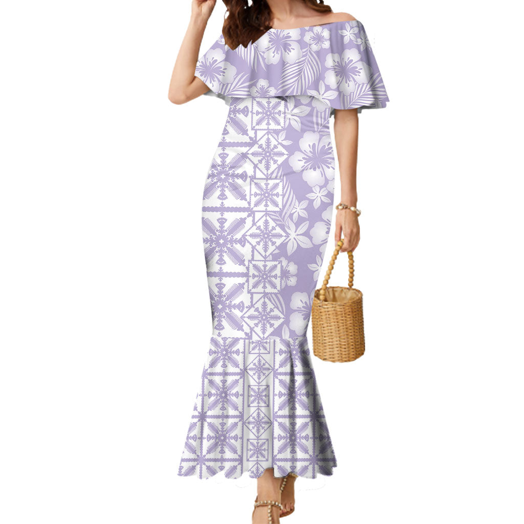 Pastel Purple Kahili Quilt Hawaii Mermaid Dress Tropical Flower Seamless Half Style
